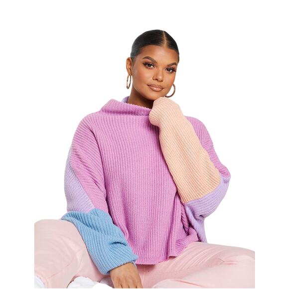 PrettyLittleThing Mock Neck Oversized Color Block Cropped Sweater, Small, NWT - Picture 1 of 9
